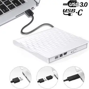 External CD DVD Drive USB 3.0 and Type-C Portable CD/DVD Player for Laptop CD Drive Reader Writer Burner Compatible with Laptop Desktop PC Windows Linux Apple Mac White