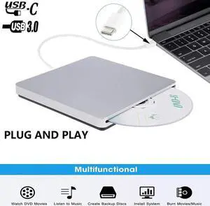 Type-C Portable External DVD CD Drive, CD DVD +/-RW Drive with USB 3.0 Slim CD DVD ROM Recorder Writer Burner,High Speed Data Transfer for Desktop/Laptop Mac/Linux OS - XD055, Silver