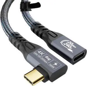 USB C 3.2 Gen-2 Extension Cable 0.5M 1.6FT 90 Degree Elbow Thunderbolt 3 240W Fast Charging Cable Male to Female Data Transfer 20Gbps 48V/5A 4K Video Cable Compatible with MacBook