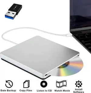 USB 3.0 USB C External DVD Drive CD Burner CD/DVD +/-RW Optical Drive,Slim Portable DVD CD ROM Rewriter Writer Duplicator for MacBook Laptop Desktop PC Windows 10/8/7 Silver