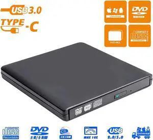 Aluminum External DVD Drive USB 3.0 USB C CD Burner CD/DVD +/-RW Optical Drive,Slim Portable DVD CD ROM Rewriter Writer Duplicator for Laptop Desktop PC Windows 10/8/7 MacBook Black