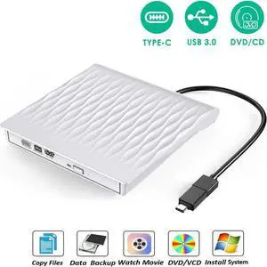 External DVD Drive, USB 3.0 Type-C CD DVD +/-RW Optical Drive USB C Burner Slim CD/DVD ROM Rewriter Writer Reader Portable for PC Laptop Desktop MacBook Mac Windows 7/8.1/10 Linux OS White