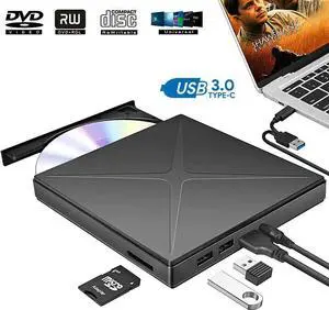External DVD Drive, USB 3.0 Portable CD/DVD+/-RW Drive/DVD Player for Laptop CD ROM Burner Support SD cards Reader Compatible with Laptop Desktop PC Windows Linux OS Apple Mac Black