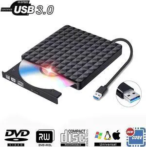 Diamond Pattern USB 3.0 External DVD Drive, Slim Portable CD DVD +/-RW Writer/Rewriter/Player DVD CD ROM Drive for Mac OS/Desktop/Vista/Linux/Laptop/Windows 10/8/7/XP (Black)
