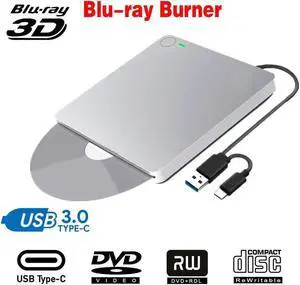 External Blu-Ray Burner Drive Type C USB 3.0 Portable CD DVD +/-RW Drive Slim DVD/CD ROM Rewriter Burner Writer with One Touch Pop up for Laptop Desktop PC Windows Linux OS Apple Mac