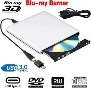 Aluminum External DVD Blu-Ray Burner Drive, USB 3.0 Type-C CD DVD +/-RW Optical Drive USB C Burner Slim CD/DVD ROM Rewriter Writer Reader Portable for PC Laptop Desktop MacBook Mac Silver