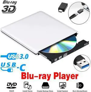 Aluminum External Blu-Ray DVD Drive for Laptop, USB 3.0 Portable Optical Slim CD/DVD Burner Blu-Ray Player RW Drive For Desktop PC Windows XP/ 2003/ Vista/ 7/8, Linux, Mac os System, Silver