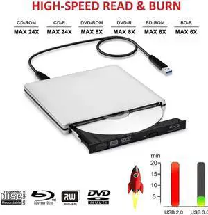 Aluminum External Blu-Ray Player Drive ,USB 3.0&Type-C Portable CD DVD +/-RW Drive DVD/CD ROM Rewriter Burner Writer Compatible with Laptop Desktop PC Windows Mac Pro MacBook Silver