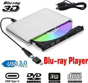 Aluminum Portable USB 3.0 Blu-Ray Player Drive, Slim 8X DVD/ Burner +/- Rewriter External Drive with Type-c, Compatible with Mac & Windows, (ODP1202) Silver