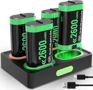 Rechargeable Battery Pack Charger Station for Xbox Controller, 4 x 2600mWh Rechargeable Batteries for Xbox Controller Battery Pack for Xbox One/Xbox Series X|S/Xbox One S|X/Xbox One Elite