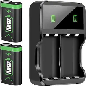 Rechargeable Battery Pack and Charger for Xbox Series / Xbox One, 2 Pack 2600mAh Battery for Xbox Series X / S, Xbox One / X / S / Elite Wireless Controller with Dual Battery Charger Station