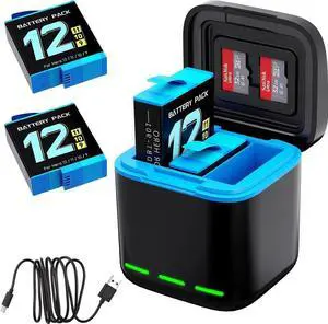 For Gopro Hero 12/11/10/9 Battery 2-Pack 1750mAh and USB Storage 3-Channel Fast Charger Fully Compatible with GoPro Hero 12, Hero 11, Hero 10, Hero 9 Black Official with Micro SD Card Slot