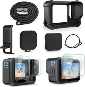 Black Silicone Sleeve Rubber Protective Case Only Applicable to Go Pro Hero 13 Black Standard Lens,Battery Side Cover&Screen Protectors& Lens Caps&Lanyard for Hero 13 Black Accessories Kit