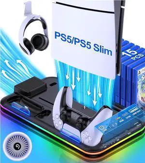 PS5 Slim Stand and Turbo Cooling Station with Controller Charging Station for Playsation 5, PS5 Accessories Kits with Cooling Fan, RGB LED, 15 Game Slot, Headset Holder for PS5 Digital/Disc