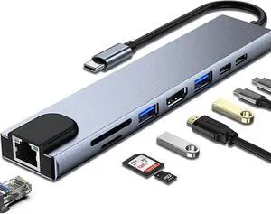 8-in-1 Ethernet USB C Hub HDMI 4K SD/TF USB 3.0 USB C Hub Space Aluminum Adapter MacBook PRO/Air M1 Adapter iPad PRO/Air M1 Windows Chromeca Stand Switch PS4 Mobile More