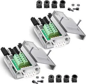 2PCS DB9 Breakout Connector, Solderless Metal Shell RS232 D-SUB Serial to 9-Pin Port Terminal Female Adapter Connector Breakout Board with Case
