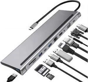 11 in 1 Type C Adapter USB Type C to HDMI 3 x USB 3.0 USB C TF-SD Reader VGA RJ45 (LAN) 3.5 Audio PD Laptop Docking Standation For for Notebook Macbook HP DELL XPS Surface Lenovo ThinkPad
