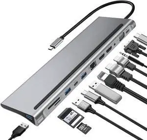 12 in 1 USB C Type Hub Adapter Multi Port Triple Display Dongle Type-C to Dual HDMI VGA USB 3.0 PD Charging SD/TF Card Reader Gigabit Ethernet MacBook DELL LenovoHP other Type C laptops