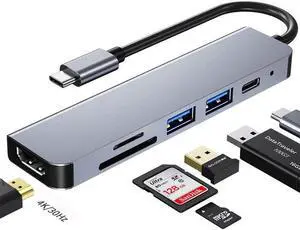 USB C Hub 6-in-1 USB Docking Standation HDMI Adapter 4K PD USB 3.0 Ports TF/SD Card for MacBook/MacBook Pro/MacBook Air/Chromebook/Surface GO/HP Spectre/Dell XPS/Huawei/Matebook/Galaxy