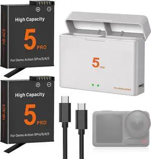 for DJI OSMO Action 5 Pro Battery Charger Kit - 2 Packs 3.87V 2100mAh Batteries, 5V3A USB-C Fast Charging Dual-Slot Charger Case for OSMO Action 5 Pro, 4, 3 Cameras