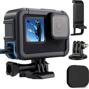 Protective Accessories Kit Frame Mount Housing Case Compatible with Go Pro Hero 13/12/11/10/9 Black, Vlog Cage with Cold Shoe Adapter &Side Cover&Lens Caps&Quick Pull Movable Socket and Screw