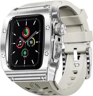 Mod Kit Standainless Standeel Case for Apple Watch 45mm/44mm Rugged Metal Bumper Case Protective Replacement B for iWatch Series 4/5/6/7/8/9/SE/SE2 White