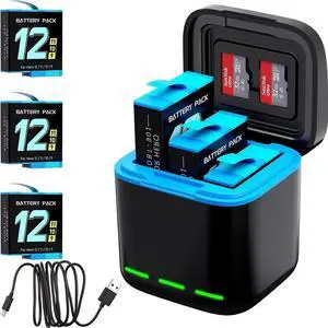 For Gopro Hero 12/11/10/9 Battery 3-Pack 2000mAh and USB Storage 3-Channel Fast Charger Fully Compatible with GoPro Hero 12, Hero 11, Hero 10, Hero 9 Black Official with Micro SD Card Slot