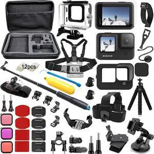 Accessories Kit for Gopro Hero 12 11 10 9 Black Accessory Bundle Waterproof Housing Case Filter Silicone Protector Lens Screen Tempered Glass Head Chest Strap Mount Set for Gopro12 HERO11