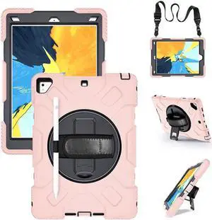 Case for iPad 6th 5th Generation 9.7 inch 2018 2017 / iPad Pro 9.7 / iPad Air 2 Protective Cover with 360° Rotating Stand, Hand/Shoulder Strap, Pencil Holder Rose Gold