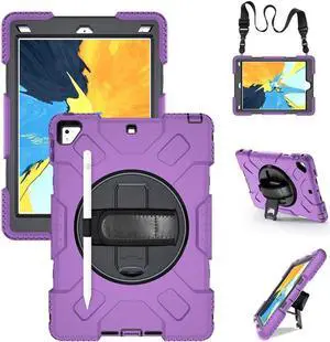 Case for iPad 6th 5th Generation 9.7 inch 2018 2017 / iPad Pro 9.7 / iPad Air 2 Protective Cover with 360° Rotating Stand, Hand/Shoulder Strap, Pencil Holder Purple