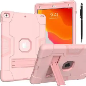 Case for iPad 10.2 Inch 2021 2020 2019 9th/8th/7th Generation with Kickstand, Heavy Duty Shockproof Protective Cover with Stylus Pen Rose Gold