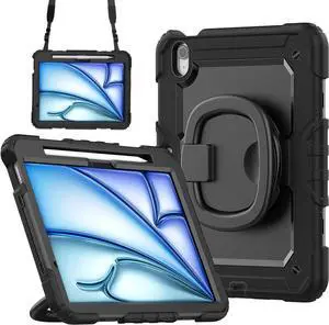 Case for iPad Air 11 inch M2 M3 2025 2024 6th 7th Generation, Shockproof Protective Cover with Screen Protector, Rotating Stand, Hand/Shoulder Strap, Pencil Holder