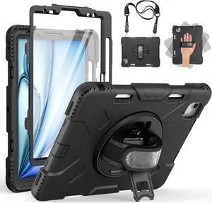 Case for iPad Air 11 Inch M3 M2 2025 2024, iPad Air 5th / Air 4th Generation Case 2022 2020, iPad Pro 11 2022 - 2018 with Screen Protector/Pen Holder/Rotating Stand/Hand Strap/Shoulder Strap