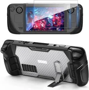 Protective Case for Steam Deck with Stand and GORIXER TPU Protector Cover Accessories with Stand & 2 Pack Screen Protector Full Protection Non-Slip Anti-Collision for Steam Deck - Black