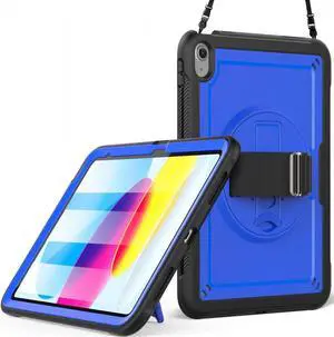 Case for iPad 10th Generation 10.9 inch 2022 with Screen Protector, Foldable Stand, Pencil Holder, Heavy Duty Shockproof Rugged Protective Cover Blue