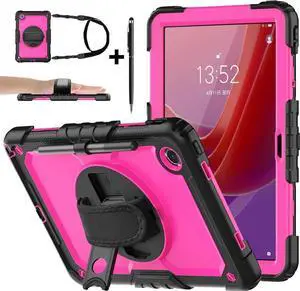 Case for Lenovo Tab M11 2024 TB330FU TB330XU TB-331FC Shockproof Protective Cover with Screen Protector Rotating Stand and /Shoulder Strap Pen Holder Rose Red