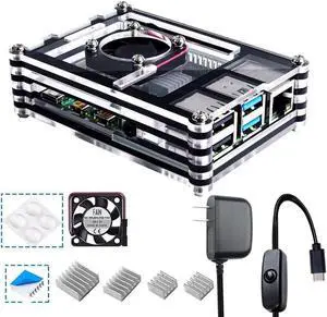 Case for Raspberry Pi 4 B Case with Cooling Fan 4PCS Heatsinks 5V 3A USB-C Power Supply for Raspberry Pi 4 Model B (RPI 4 Board Not Included)