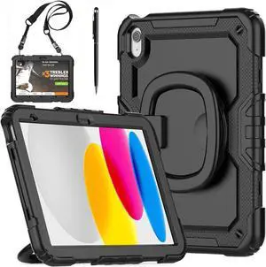 Case for iPad (A16) 11th Generation 11 Inch 2025, iPad 10th Generation 10.9 inch 2022, Shockproof Protective Cover with Screen Protector, Rotating Stand, Hand/Shoulder Strap, Stylus Pen