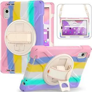 Case For Lenovo Tab M9 2023 9 inch Model TB310XU / TB310FU Military Grade Shockproof Rugged Protective Cover with Pencil Holder 360° Rotatable Stand and /Shoulder Strap Pink