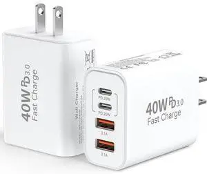 2 Pack USB C Wall Fast Charger Block, 40W 4-Port Type C Charger Fast Charging Blocks PD Power Charger Adapter+QC 3.0 USB Multiport Charger Brick for iPhone 16/15/14/13/12 Pro Max, iPad, Galaxy S25 S24