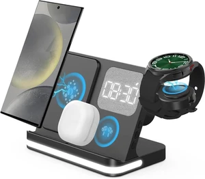 4 in 1 Wireless Charger with Alarm Clock Compatible for Galaxy Watch 7/Ultra/FE/6/5 Pro Galaxy S25/Ultra/S25+/S24/S23/Note 20/Z Flip 6/5 Fold 6/5 Galaxy Buds 3/2/Pro Multiple Devices Charging Station 4 in 1 Wireless Charger with Alarm Clock Compatible for Galaxy Watch 7/Ultra/FE/6/5 Pro Galaxy S25/Ultra/S25+/S24/S23/Note 20/Z Flip 6/5 Fold 6/5 Galaxy Buds 3/2/Pro Multiple Devices Charging Station