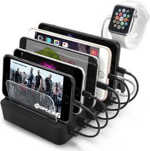 6 Ports USB Charger Hub Multiple USB Charging Standation Dock for Multiple Devices For iPhone iPad Cell Phone With Watch Bracket Stand andolder