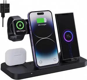 6-in-1 Fast Wireless Charging Station for iPhone 16/15/14/13 Series, Apple Watch Ultra/9/8/7/6/5/4/3/2/1, AirPods Pro/1/2,18W Qi-Certified Wireless Charger Stand with QC 3.0 Adapter