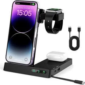 6 in 1 Wireless Charging Station for Multiple Devices Apple Samsung, Foldable Charger Stand Dock for iPhone 15 14 13 12 11 8 Pro Max Plus Mini SE XS Max XR X Watch Earphone Galaxy Buds 2 Pro