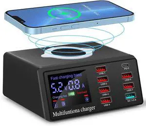 100W 8-Port USB Qi Wireless Charging Station, QC 3.0 / PD Fast Charge for Phones Tablets USB Tools, Multi-Device Smart IC Desktop Organizer Hub