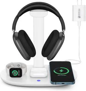 Headphone Stand with 15w Wireless Charger, 4 in 1 Charging Station Headset Holder for AirPods Max/Pro/4/3/2 iWatch 10/9/8/7/6/5/4/3/2/1/SE iPhone 16/15/14/13/12/11/X for Desktop Table Game