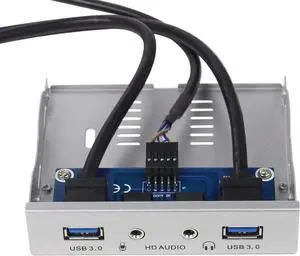 2Ports USB3.0 PC Front Panel Bracket 3.5 Floppy Bay 19Pin to USB 3.0 Hub HD Audio Earphone Mic Connector with Cable for Desktop (Silver White)