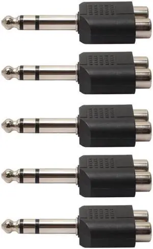 5Pcs 6.35mm Dual Mono Headphone Microphone 1/4" Stereo Audio Jack Plug Adapter to 2 RCA Female Jacks Splitter Audio Converter
