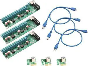 SI-PEX60017 Pack of 3 PCI-E x1 to Powered PCIe x16 GPU Riser Adapter Card USB 3.0 Extension Cable, Solid Capacitors