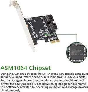 4 Port SATA III PCI-e 3.0 x1 Expansion Card Non-Raid with Low Profile Bracket ASMedia 1064 SI-PEX40156
